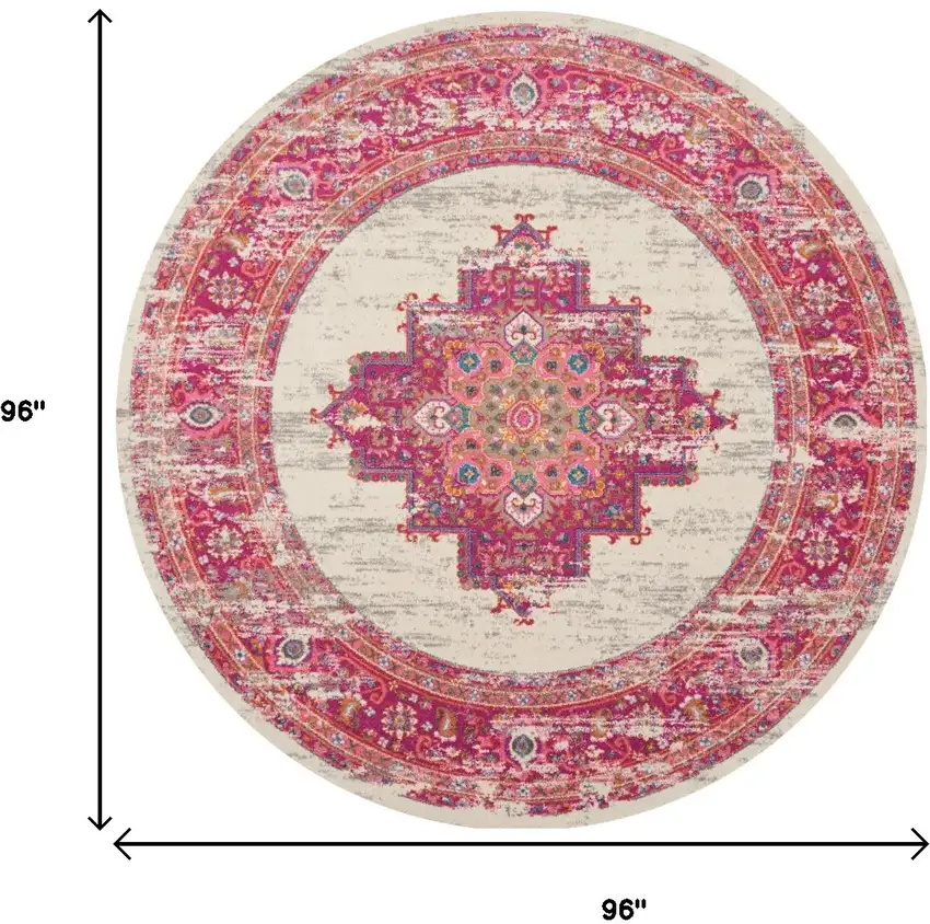 8' Ivory And Fuchsia Oriental Distressed Round Rug Photo 9
