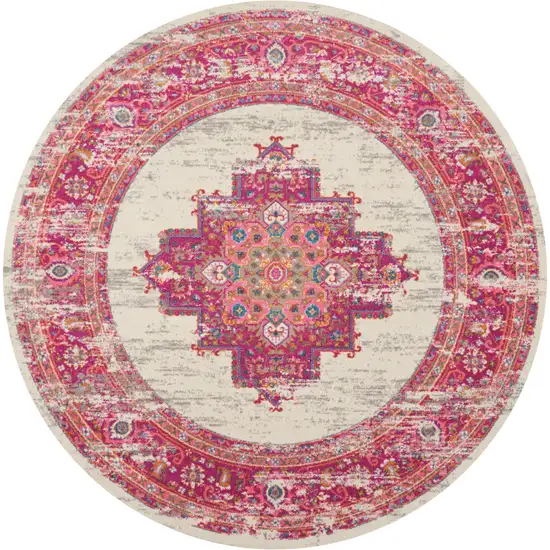 8' Ivory And Fuchsia Oriental Distressed Round Rug Photo 4