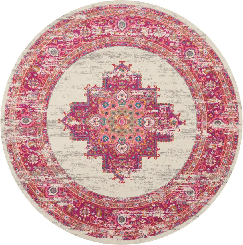 8' Ivory And Fuchsia Oriental Distressed Round Rug Photo 4