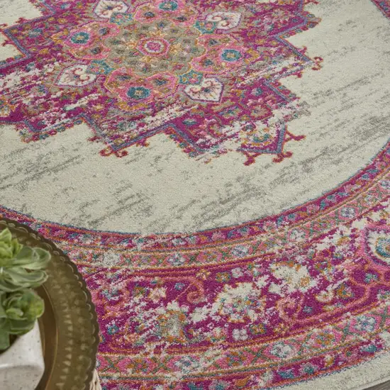 8' Ivory And Fuchsia Oriental Distressed Round Rug Photo 6