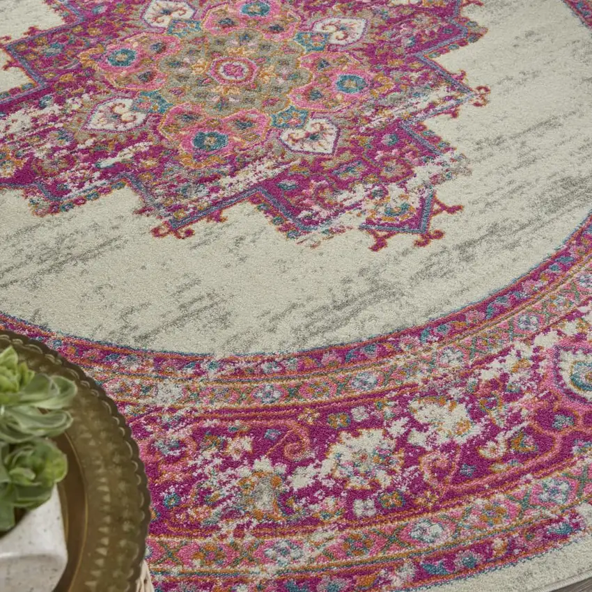 8' Ivory And Fuchsia Oriental Distressed Round Rug Photo 6