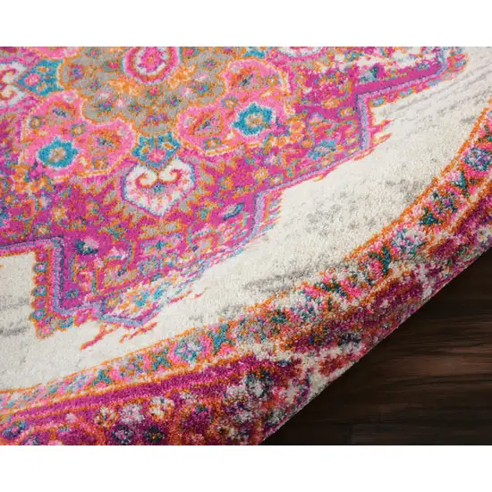 8' Ivory And Fuchsia Oriental Distressed Round Rug Photo 3