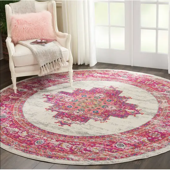 8' Ivory And Fuchsia Oriental Distressed Round Rug Photo 7