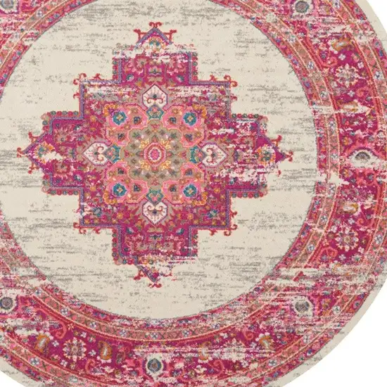 8' Ivory And Fuchsia Oriental Distressed Round Rug Photo 3