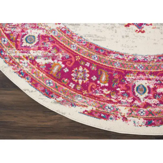8' Ivory And Fuchsia Oriental Distressed Round Rug Photo 7