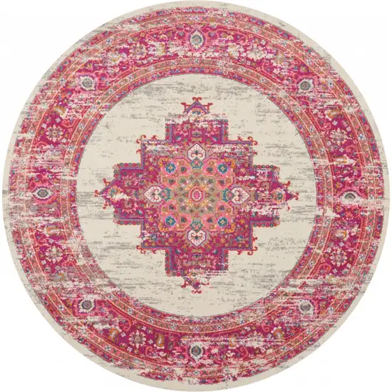 Ivory and Fuchsia Distressed Area Rug Photo 1