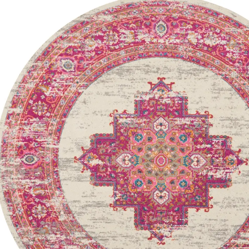8' Ivory And Fuchsia Oriental Distressed Round Rug Photo 5