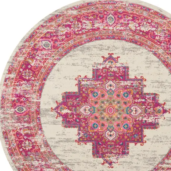 8' Ivory And Fuchsia Oriental Distressed Round Rug Photo 5