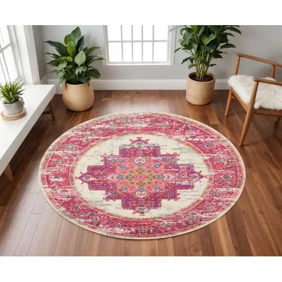 8' Ivory And Fuchsia Oriental Distressed Round Rug Photo 2