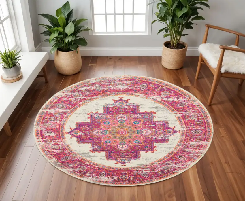8' Ivory And Fuchsia Oriental Distressed Round Rug Photo 2
