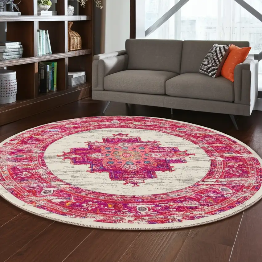 8' Ivory And Fuchsia Oriental Distressed Round Rug Photo 2