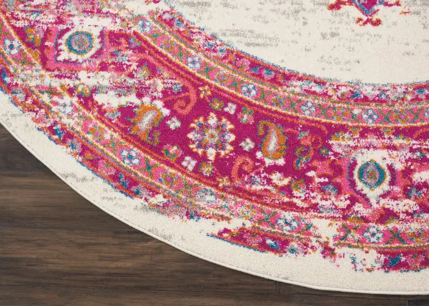 8' Ivory And Fuchsia Oriental Distressed Round Rug Photo 7