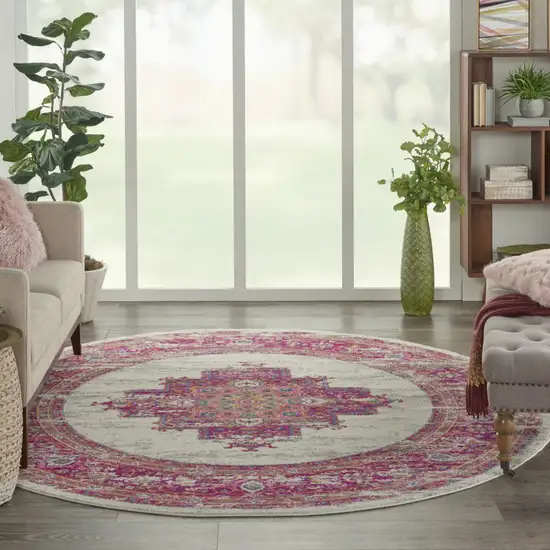 8' Ivory And Fuchsia Oriental Distressed Round Rug Photo 8