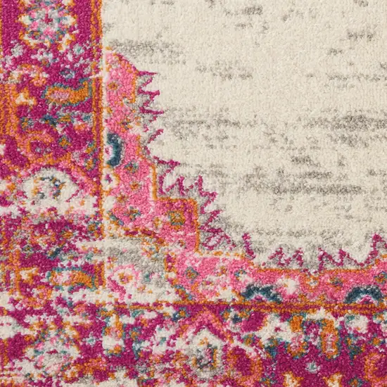 8' Ivory And Fuchsia Oriental Distressed Round Rug Photo 8