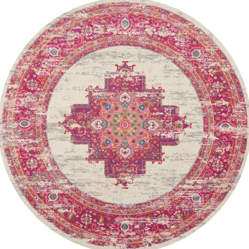 8' Ivory And Fuchsia Oriental Distressed Round Rug Photo 6