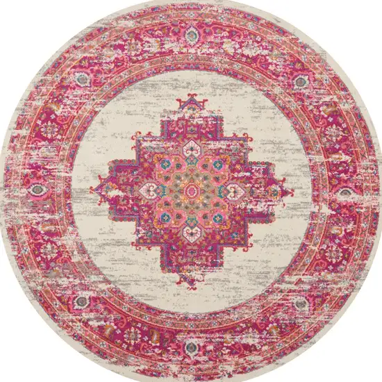 8' Ivory And Fuchsia Oriental Distressed Round Rug Photo 6