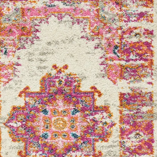 6' Ivory And Fuchsia Oriental Distressed Runner Rug Photo 1