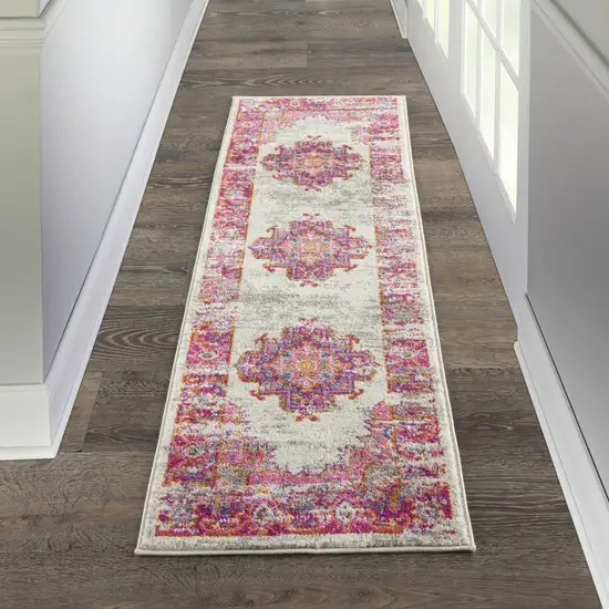 Ivory and Fuchsia Distressed Runner Rug Photo 4