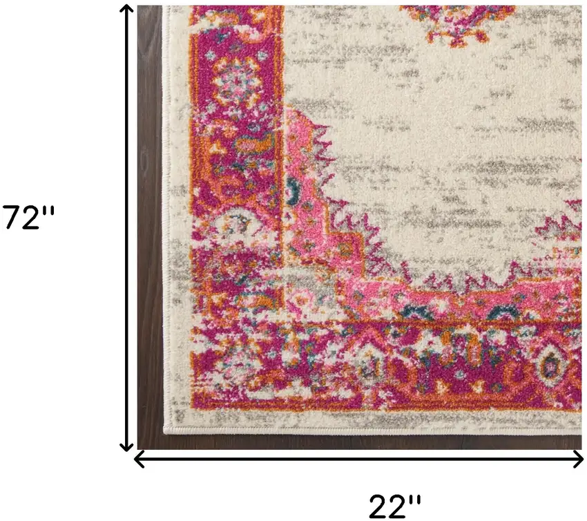 6' Ivory And Fuchsia Oriental Distressed Runner Rug Photo 9