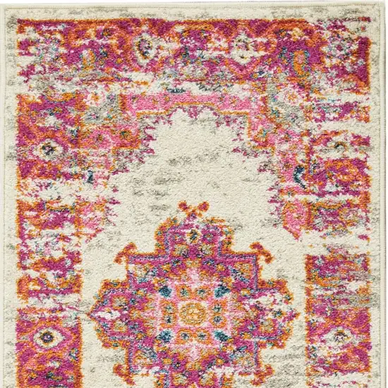 6' Ivory And Fuchsia Oriental Distressed Runner Rug Photo 3