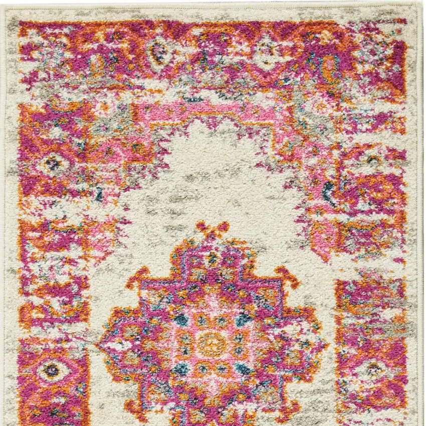 6' Ivory And Fuchsia Oriental Distressed Runner Rug Photo 3