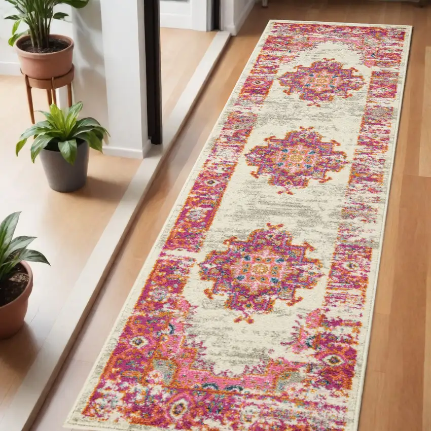 6' Ivory And Fuchsia Oriental Distressed Runner Rug Photo 2