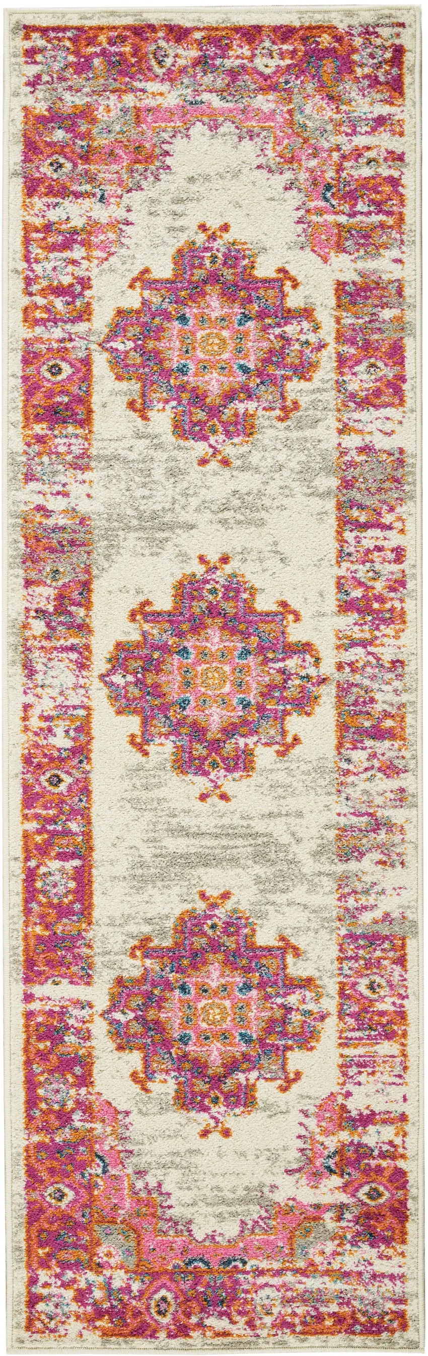 Ivory and Fuchsia Distressed Runner Rug Photo 1