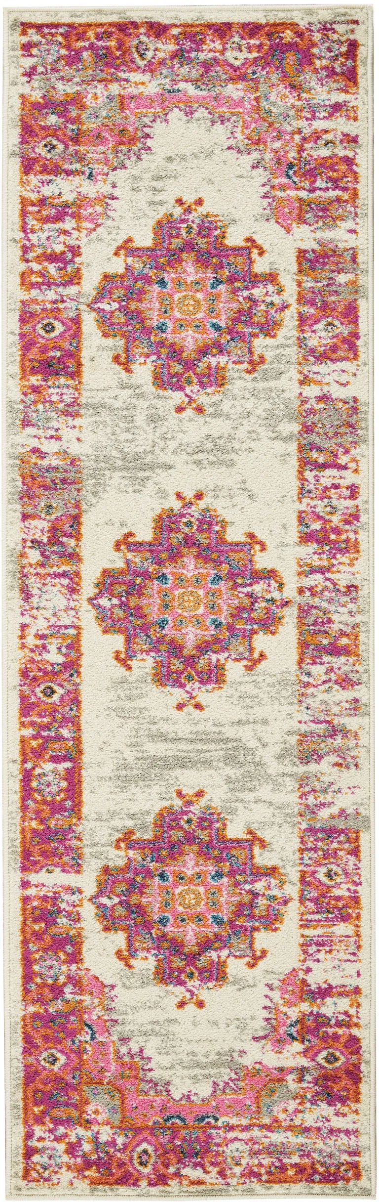 Ivory and Fuchsia Distressed Runner Rug Photo 1