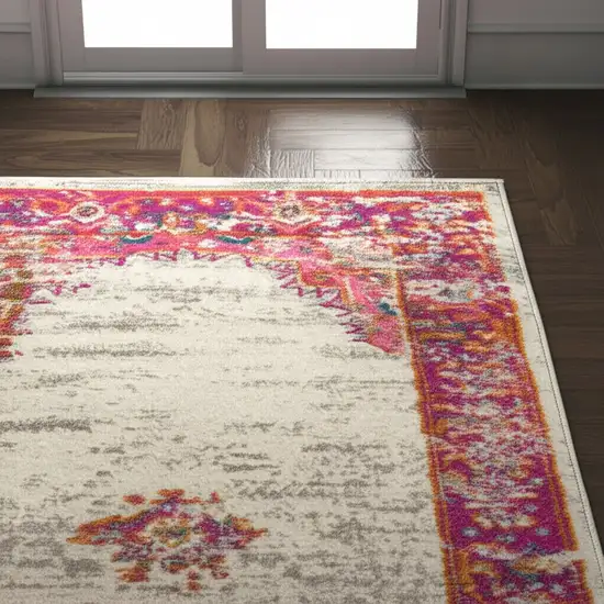 6' Ivory And Fuchsia Oriental Distressed Runner Rug Photo 2