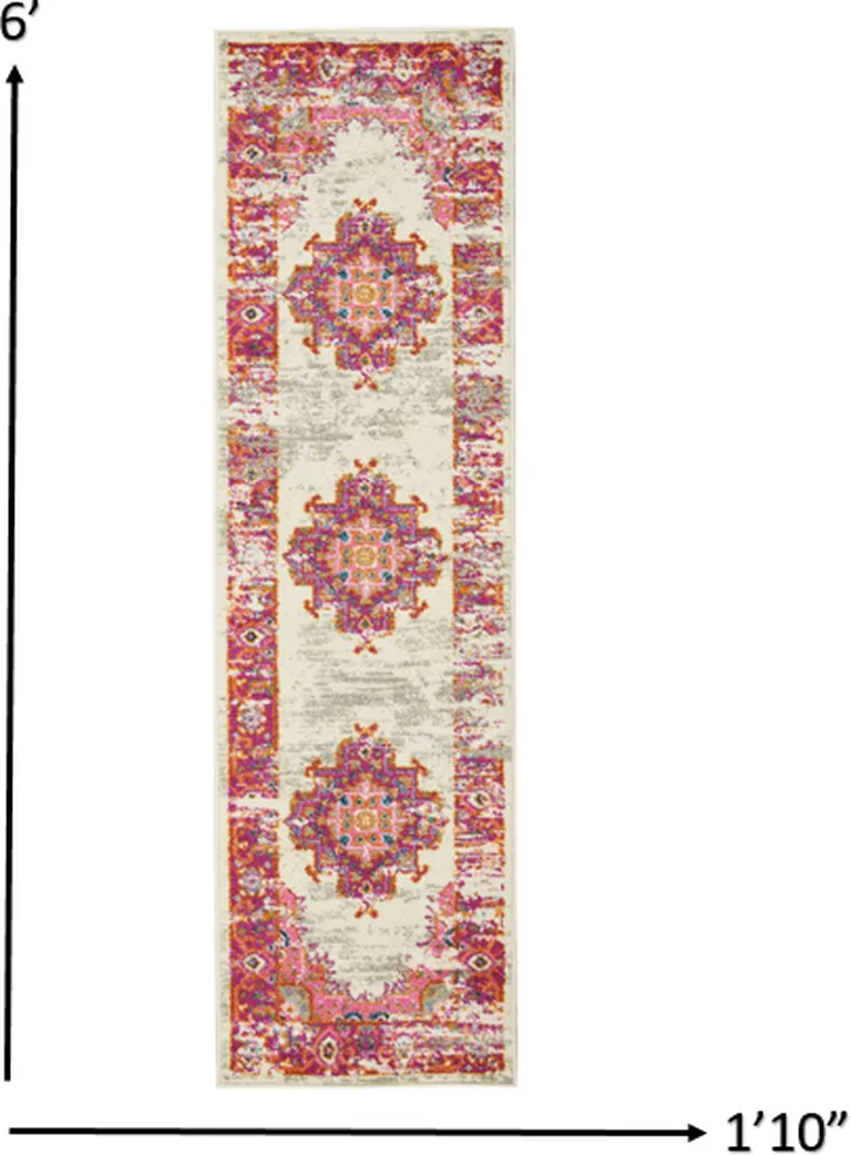 Ivory and Fuchsia Distressed Runner Rug Photo 2