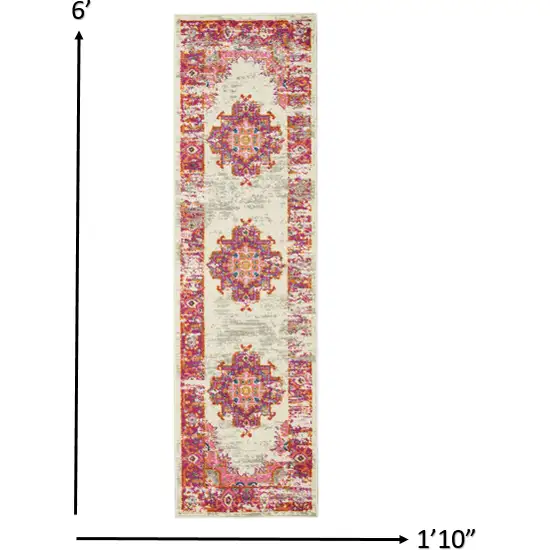 Ivory and Fuchsia Distressed Runner Rug Photo 2