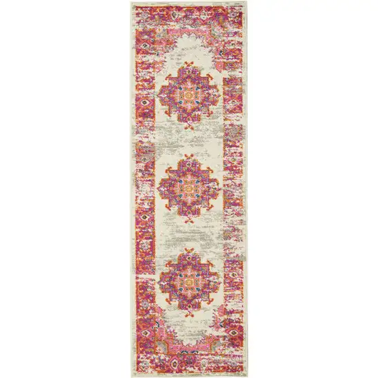 6' Ivory And Fuchsia Oriental Distressed Runner Rug Photo 4