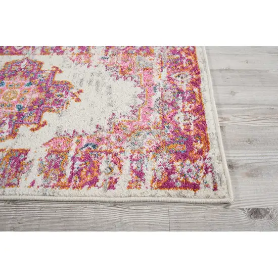 6' Ivory And Fuchsia Oriental Distressed Runner Rug Photo 9