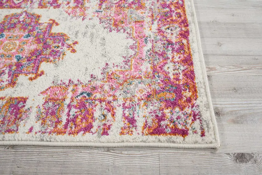 6' Ivory And Fuchsia Oriental Distressed Runner Rug Photo 9