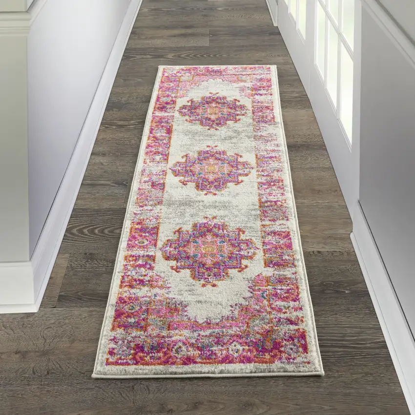 6' Ivory And Fuchsia Oriental Distressed Runner Rug Photo 5