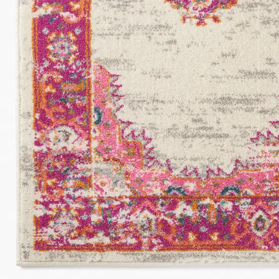 10' Ivory And Fuchsia Oriental Distressed Runner Rug Photo 9