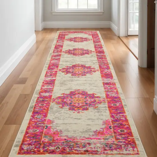 10' Ivory And Fuchsia Oriental Distressed Runner Rug Photo 2