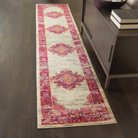 10' Ivory And Fuchsia Oriental Distressed Runner Rug Photo 5