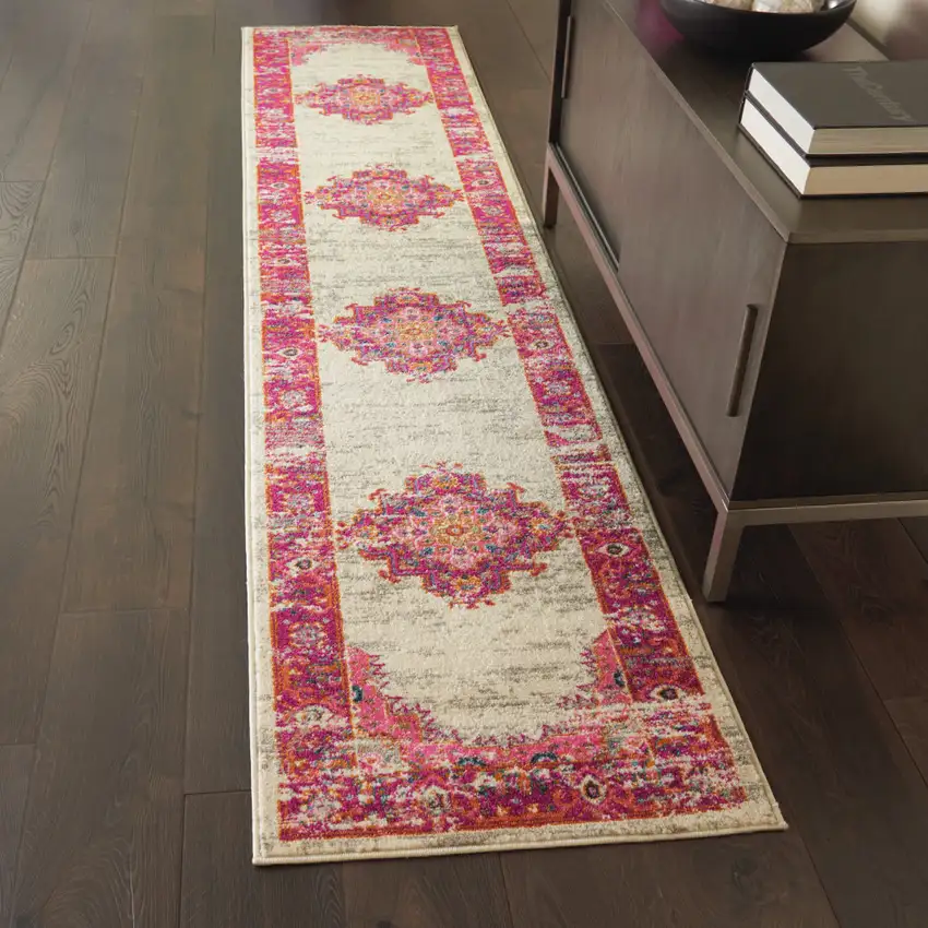10' Ivory And Fuchsia Oriental Distressed Runner Rug Photo 5
