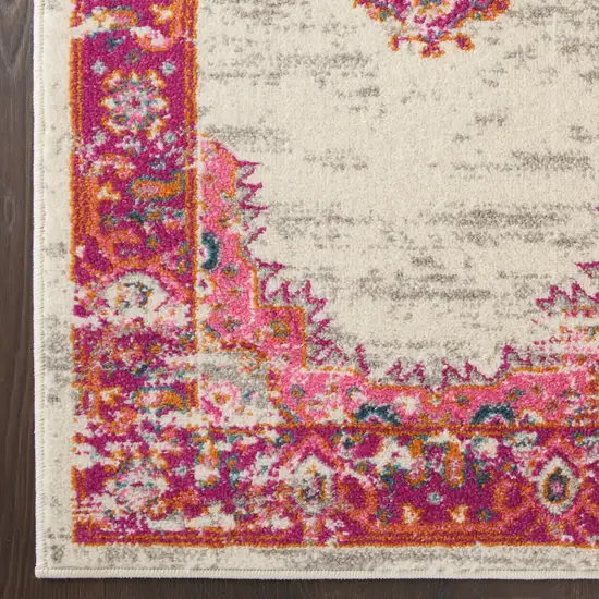 10' Ivory And Fuchsia Oriental Distressed Runner Rug Photo 7