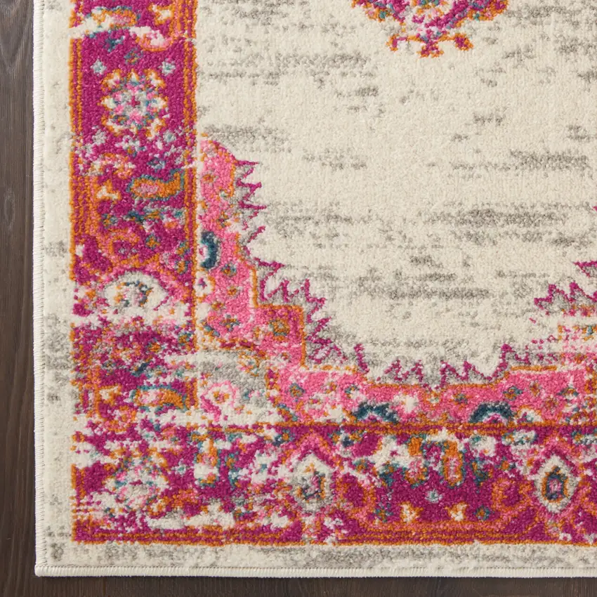 10' Ivory And Fuchsia Oriental Distressed Runner Rug Photo 7