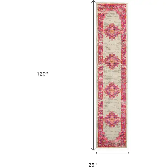 10' Ivory And Fuchsia Oriental Distressed Runner Rug Photo 9