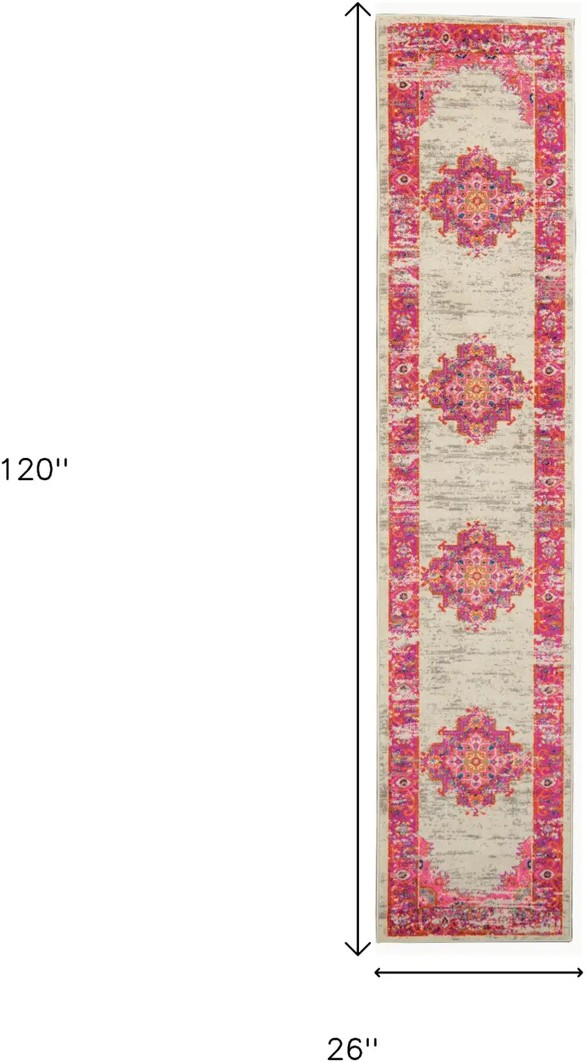10' Ivory And Fuchsia Oriental Distressed Runner Rug Photo 9