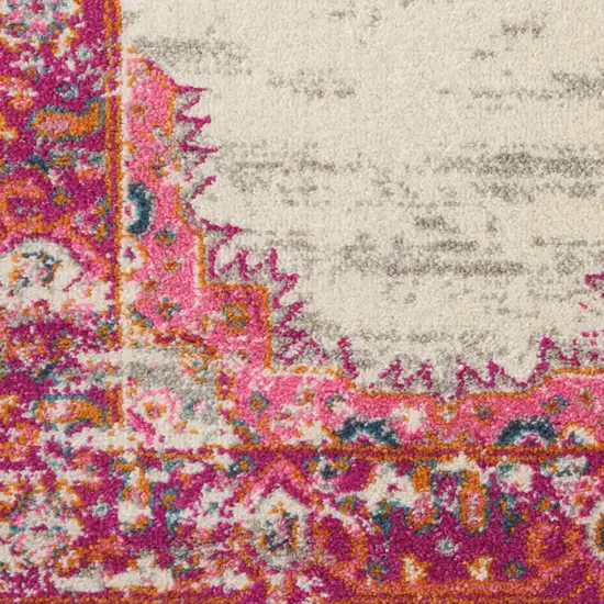 10' Ivory And Fuchsia Oriental Distressed Runner Rug Photo 6