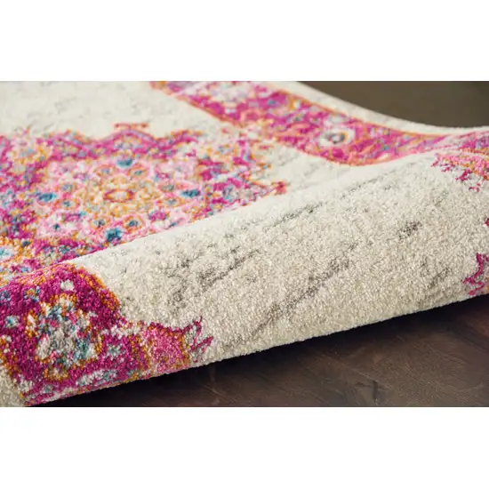 10' Ivory And Fuchsia Oriental Distressed Runner Rug Photo 8