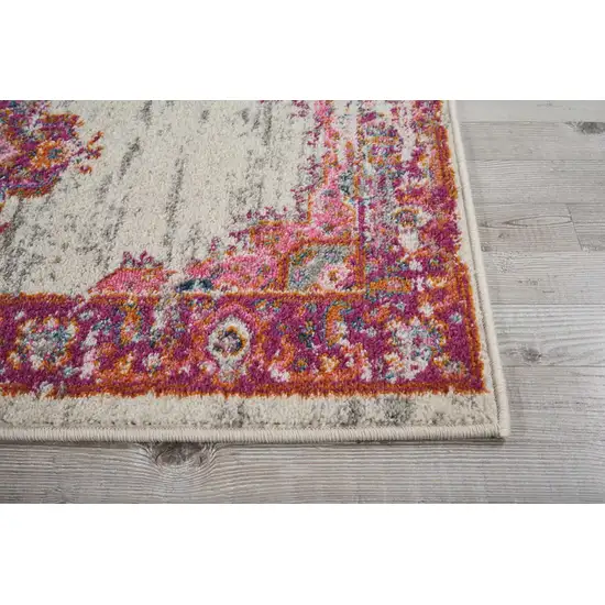 8' Ivory And Fuchsia Oriental Distressed Runner Rug Photo 8