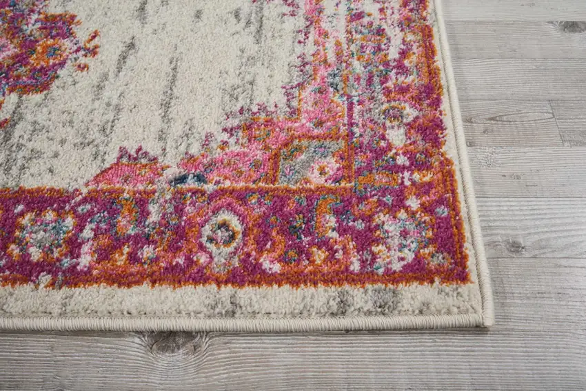 8' Ivory And Fuchsia Oriental Distressed Runner Rug Photo 8