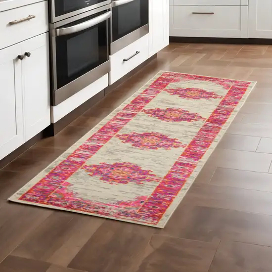 8' Ivory And Fuchsia Oriental Distressed Runner Rug Photo 1