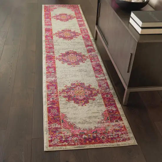 8' Ivory And Fuchsia Oriental Distressed Runner Rug Photo 4