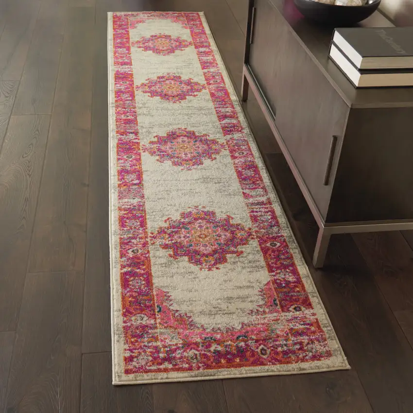 8' Ivory And Fuchsia Oriental Distressed Runner Rug Photo 4